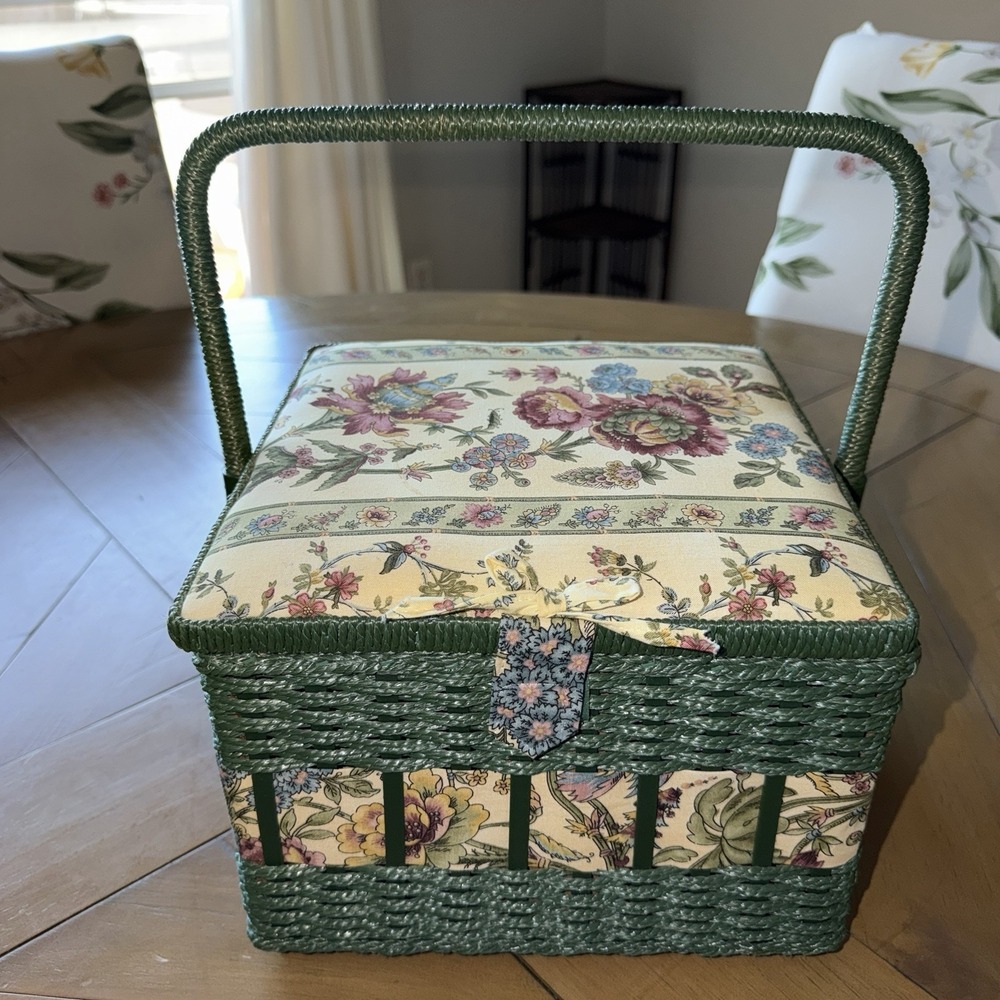Vintage Craft Sewing Basket Box Tapestry Multicolor Floral Woven Wicker - Picture 2 of 11